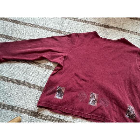 Vintage Blue Fish Women’s Thermal Coffee Red Crop Shirt 2 Large 3/4 Art To Wear - Picture 14 of 14